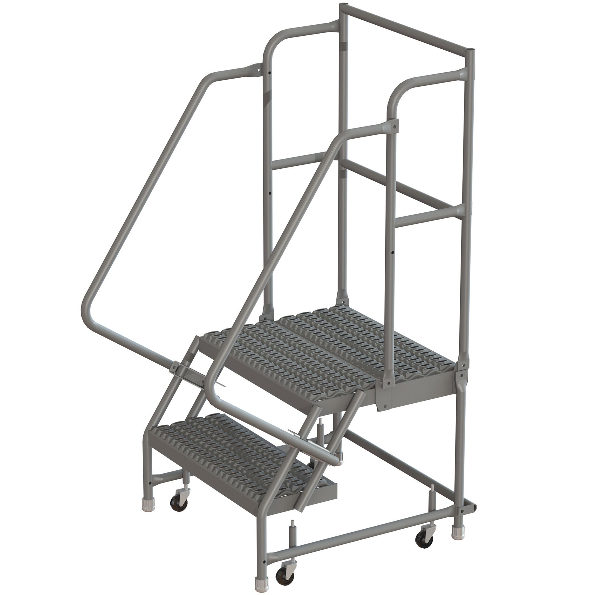 Tri-Arc 2-Step Steel Rolling Ladder with Handrails, Guardrails and Serrated Steps — Gray, Spring-Loaded Casters, 450-Lb. Capacity